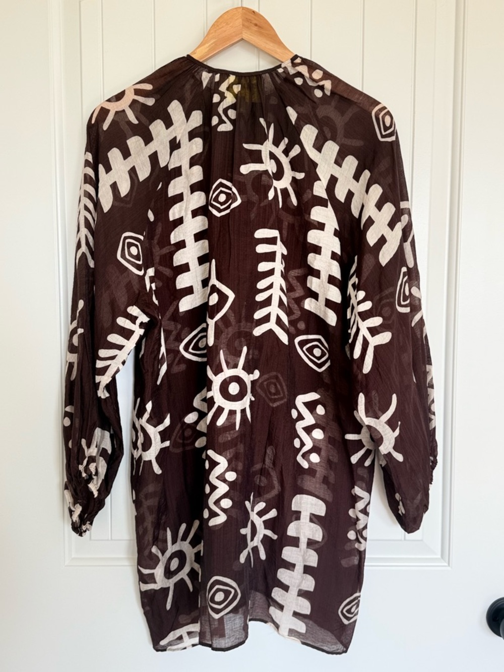 Anthropologie Tie-Neck Printed Mini Kaftan Dress Tunic Brown White Abstract - Picture 8 of 15
